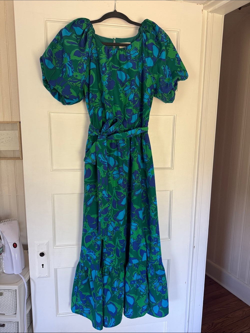 Melloday Green & Blue Floral Puff-Sleeve Maxi Dress